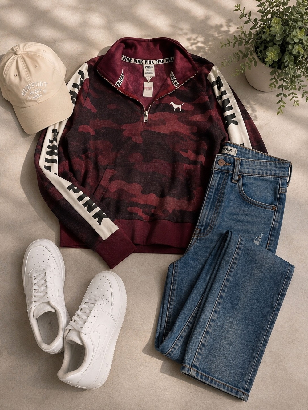 PINK Victoria's Secret Brand New Maroon Camo Quarter-Zip Pullover Sweater